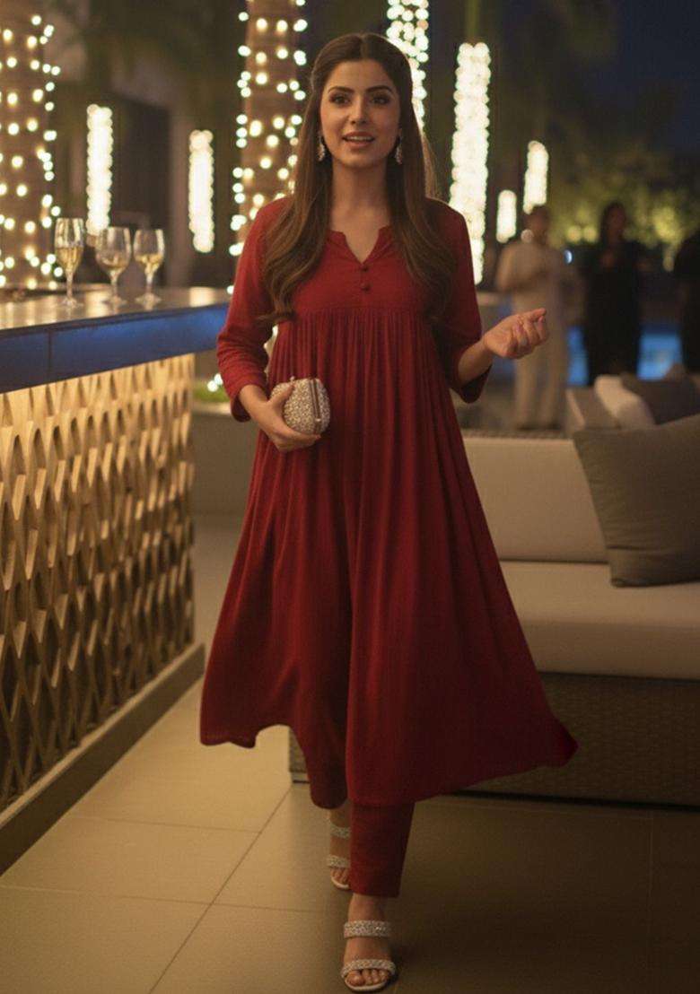 Red Solid Viscose Kurta Set - Indya