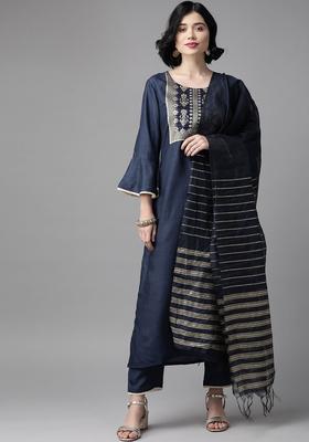 Navy Blue Yoke Design Polyester Kurta Set