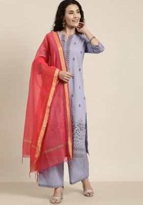 Mauve Embroidered Cotton Kurta Set