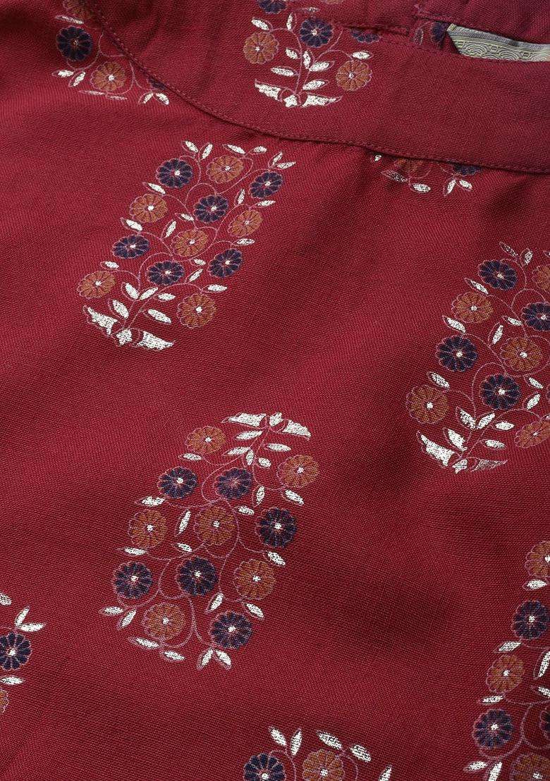 Maroon Printed Polyester Kurta Set - Indya