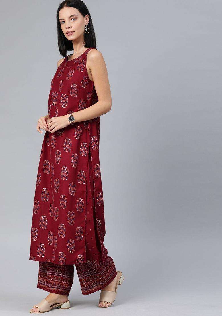 Maroon Printed Polyester Kurta Set - Indya