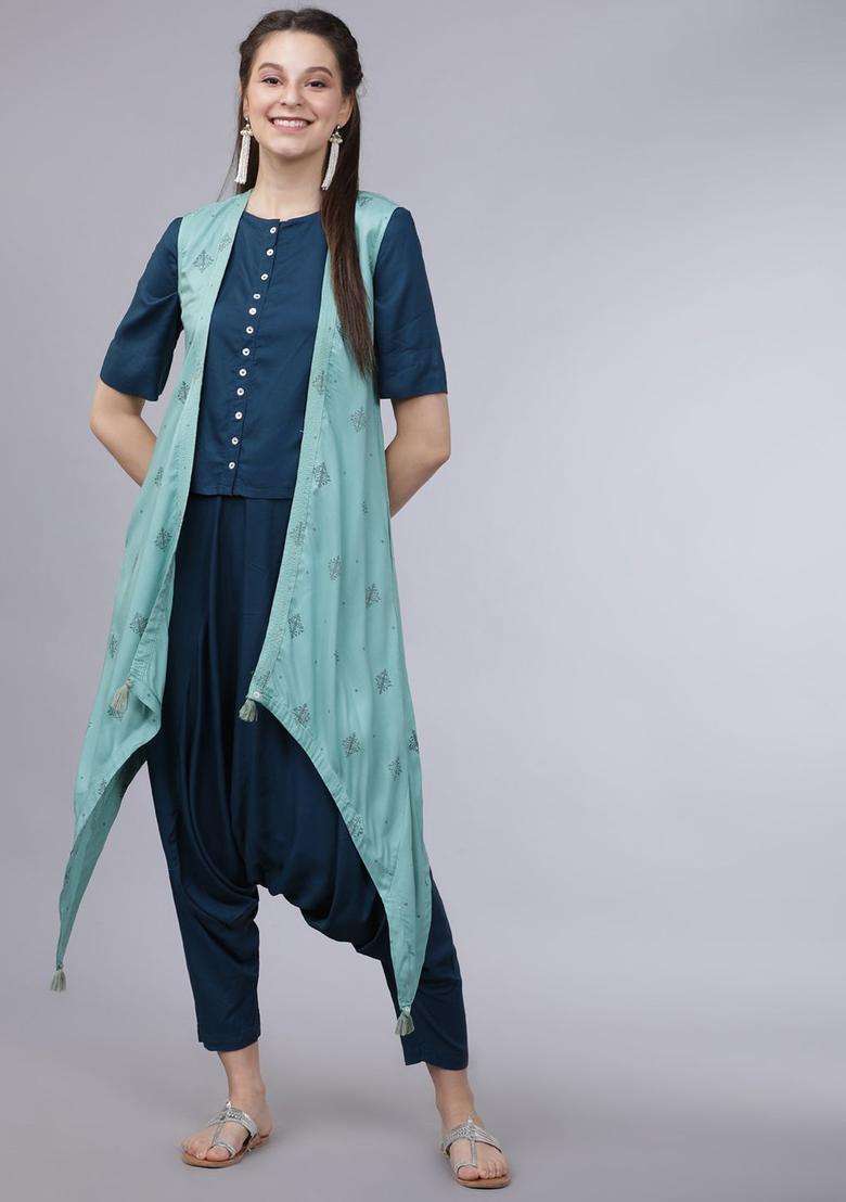 Teal Printed Viscose Kurta Set - Indya