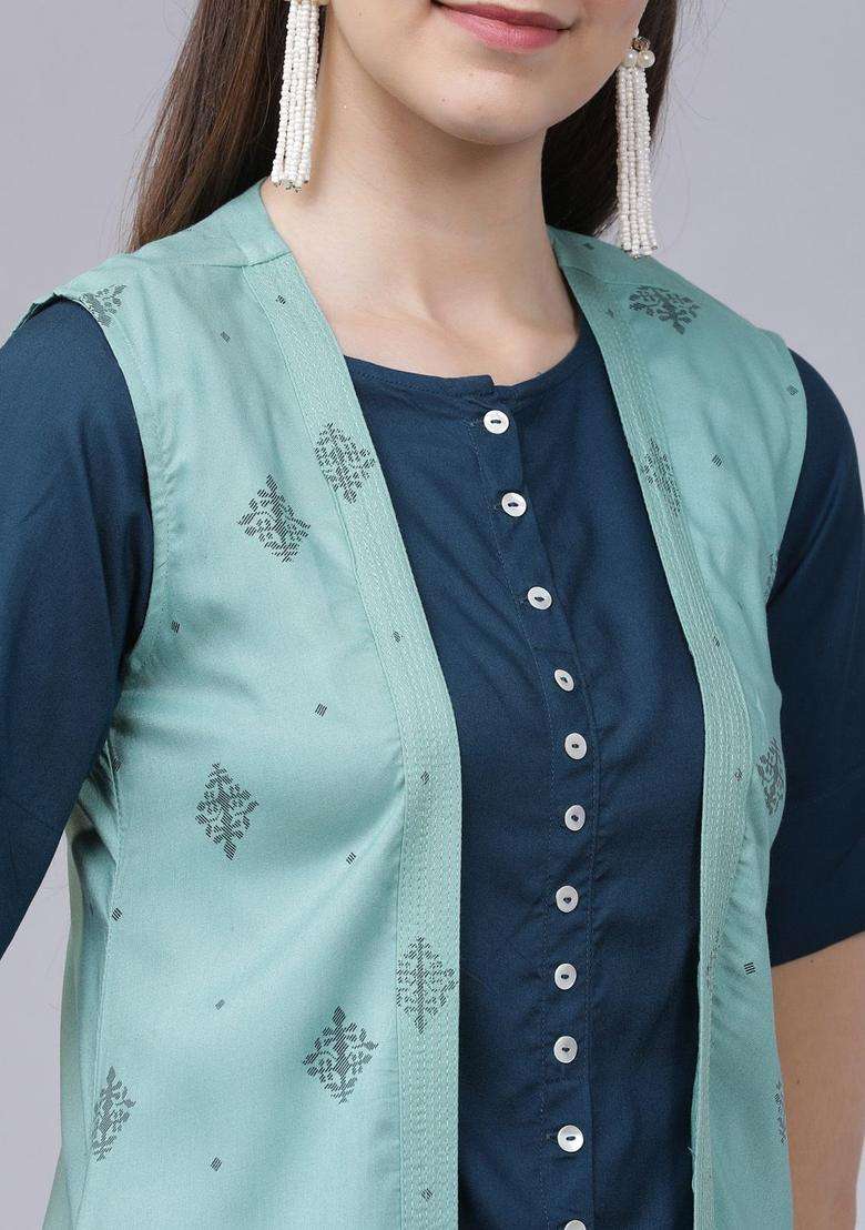 Teal Printed Viscose Kurta Set - Indya