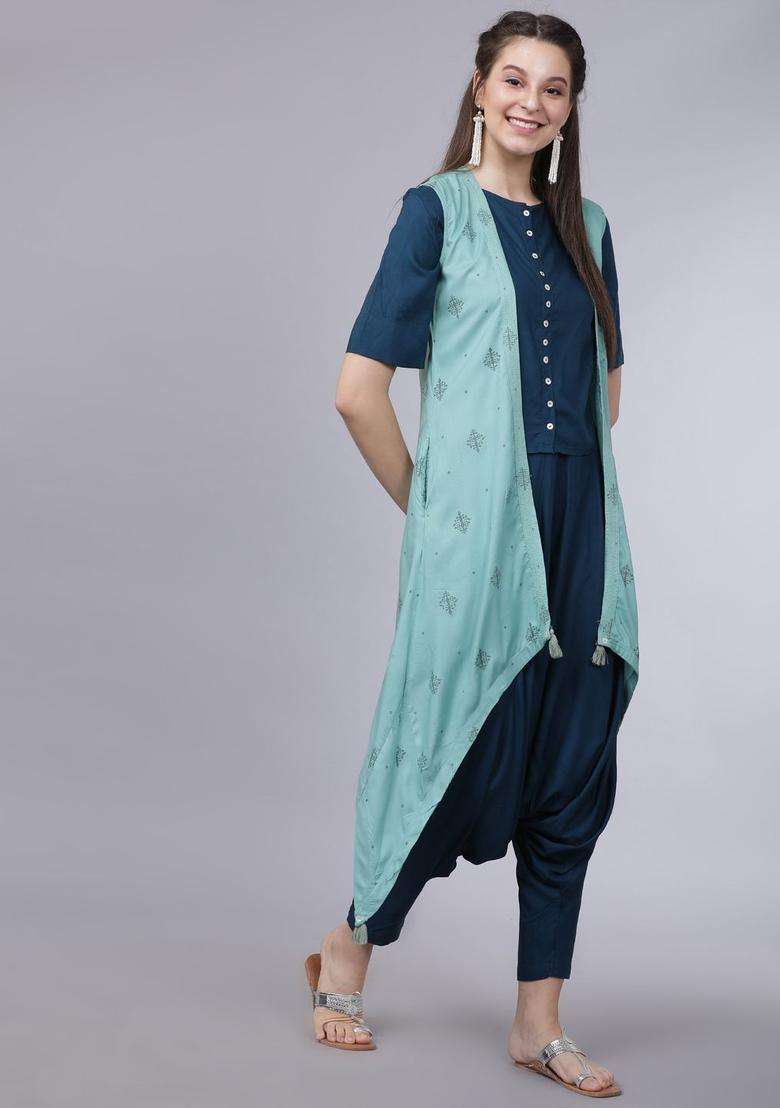 Teal Printed Viscose Kurta Set - Indya