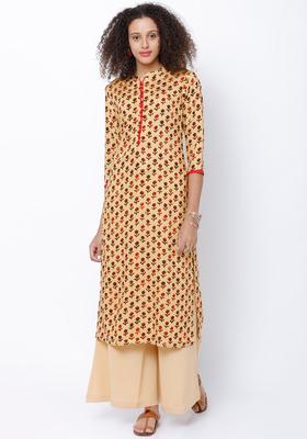 Beige Printed Viscose Kurta Set
