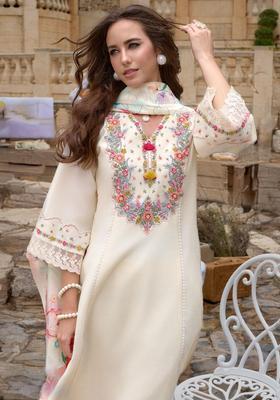 Off White Embroidered Silk Blend Kurta Set