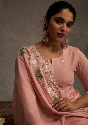 Peach Embroidered Cotton Kurta Set