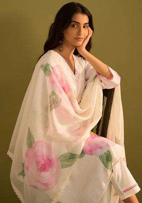 Off White Printed Linen Kurta Set