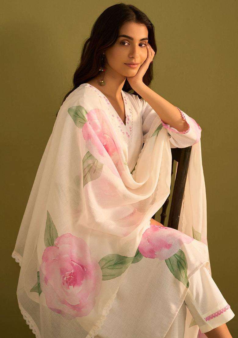 Off White Printed Linen Kurta Set - Indya