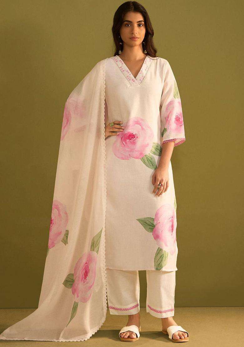 Off White Printed Linen Kurta Set - Indya