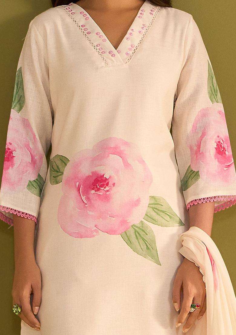 Off White Printed Linen Kurta Set - Indya