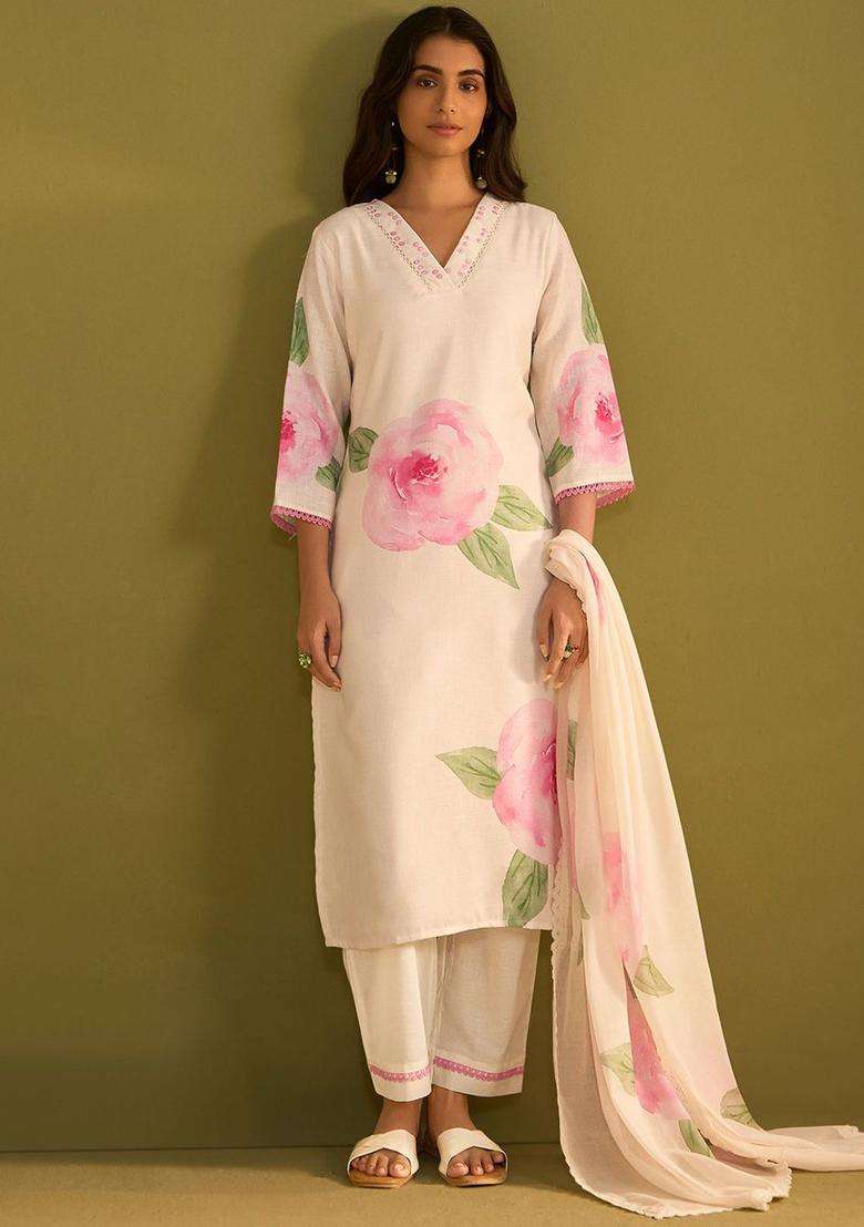Off White Printed Linen Kurta Set - Indya