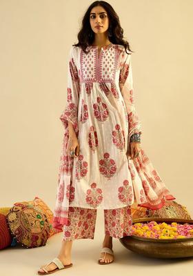 White Embroidered Cotton Anarkali Set