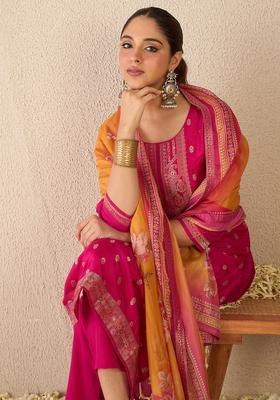 Pink Woven Design Silk Blend Kurta Set