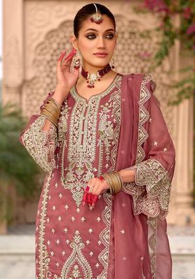 Peach Embroidered Organza Kurta Set