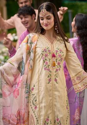 Off White Embroidered Silk Blend Kurta Set