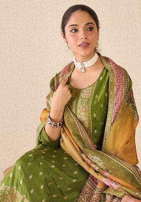 Green Printed Silk Kurta Set
