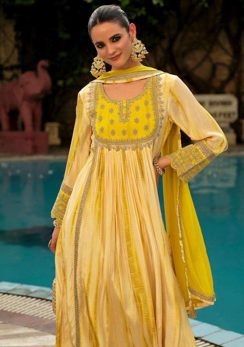 Yellow Embroidered Silk Blend Anarkali Set - Indya