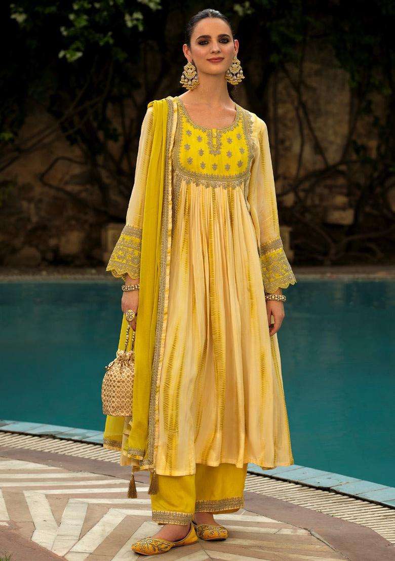 Yellow Embroidered Silk Blend Anarkali Set - Indya