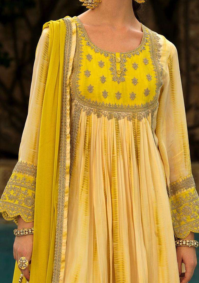 Yellow Embroidered Silk Blend Anarkali Set - Indya