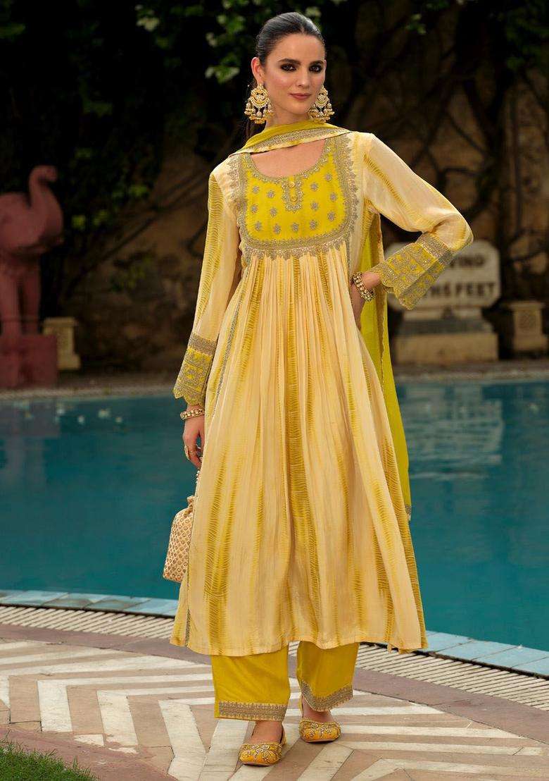 Yellow Embroidered Silk Blend Anarkali Set - Indya