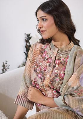 Grey Printed Silk Kurta Set