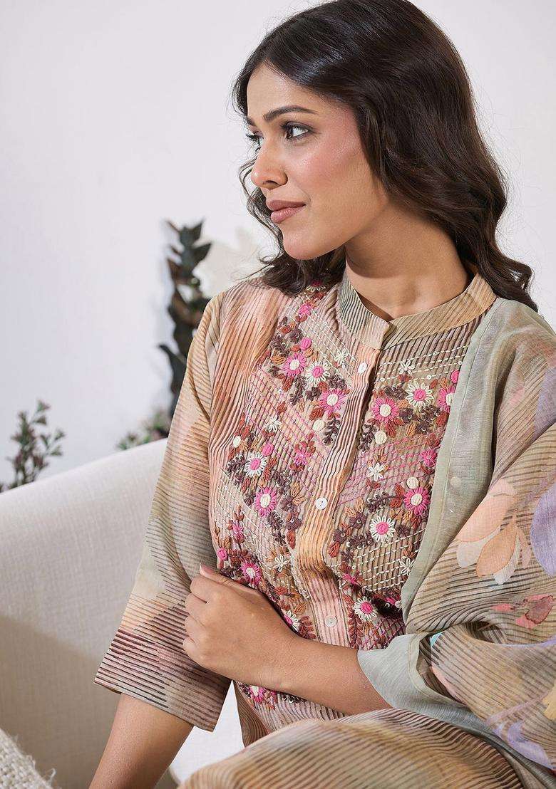 Grey Printed Silk Kurta Set - Indya