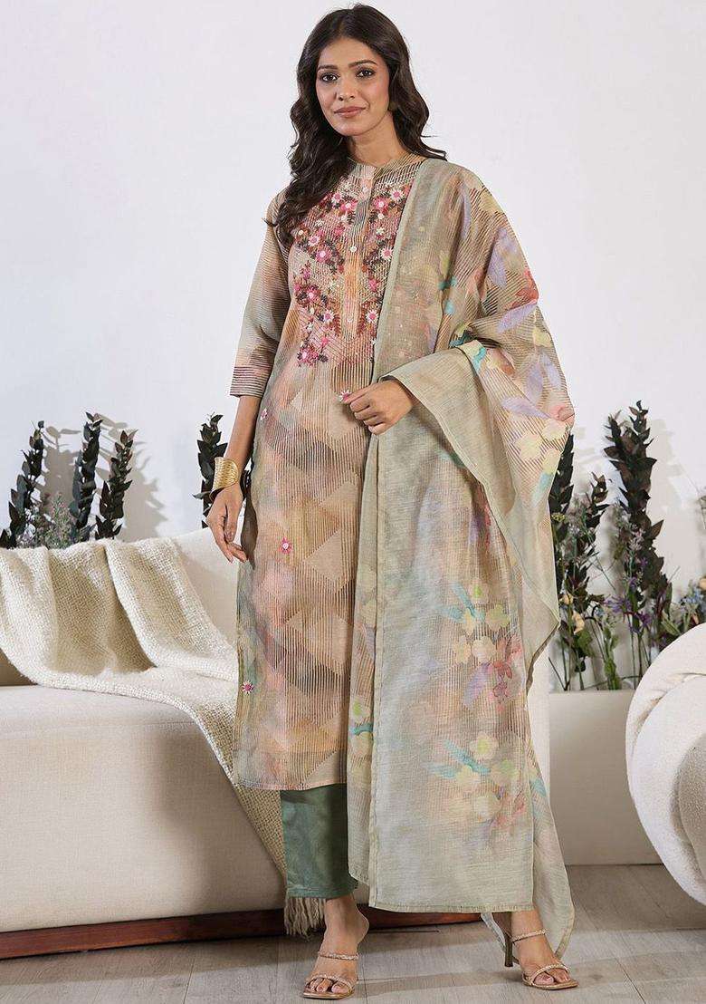 Grey Printed Silk Kurta Set - Indya