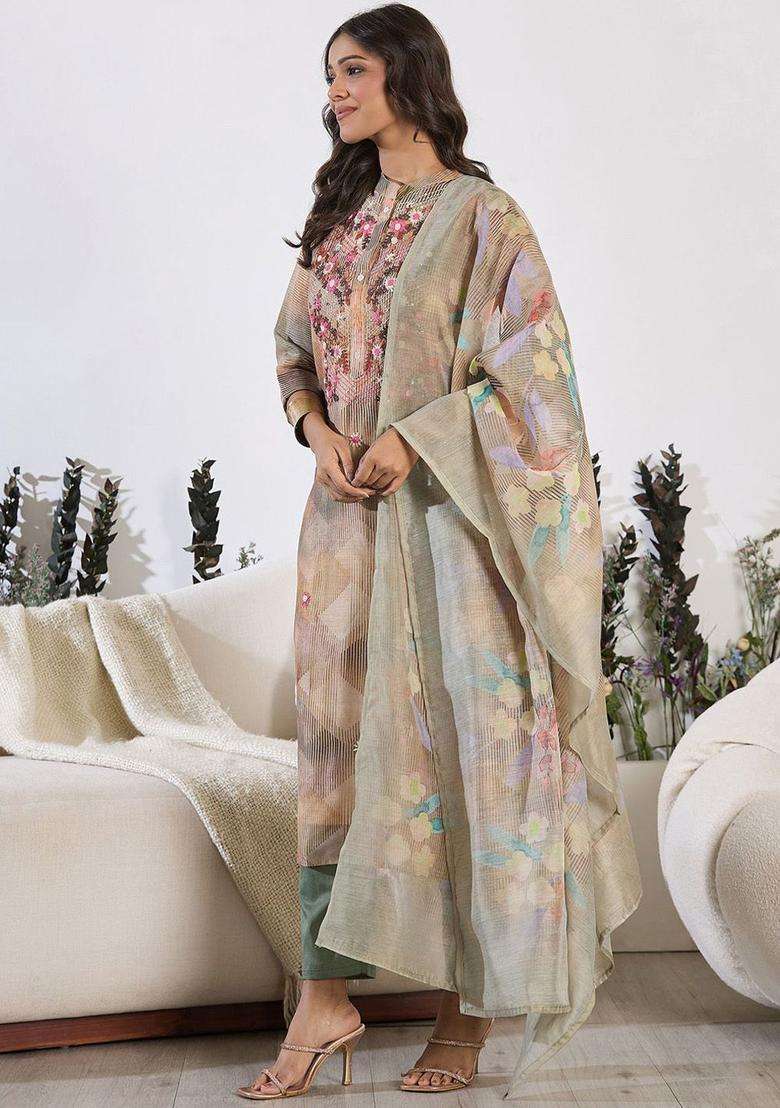 Grey Printed Silk Kurta Set - Indya