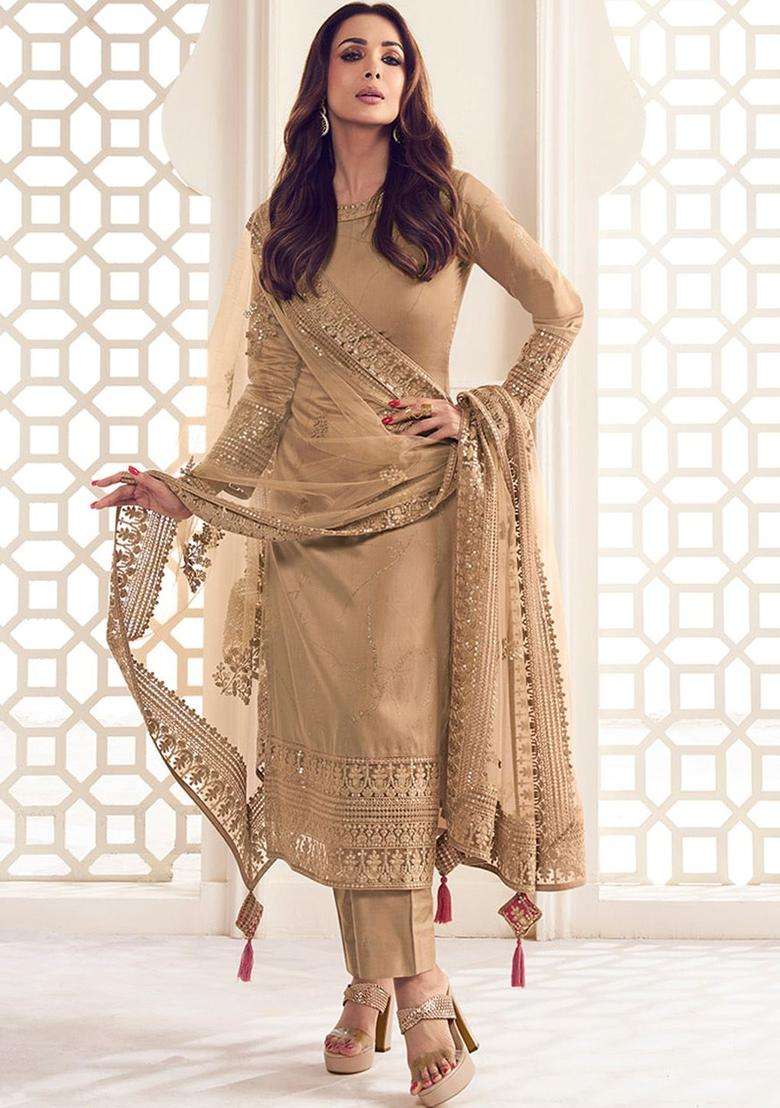 Beige Embroidered Silk Kurta Set - Indya