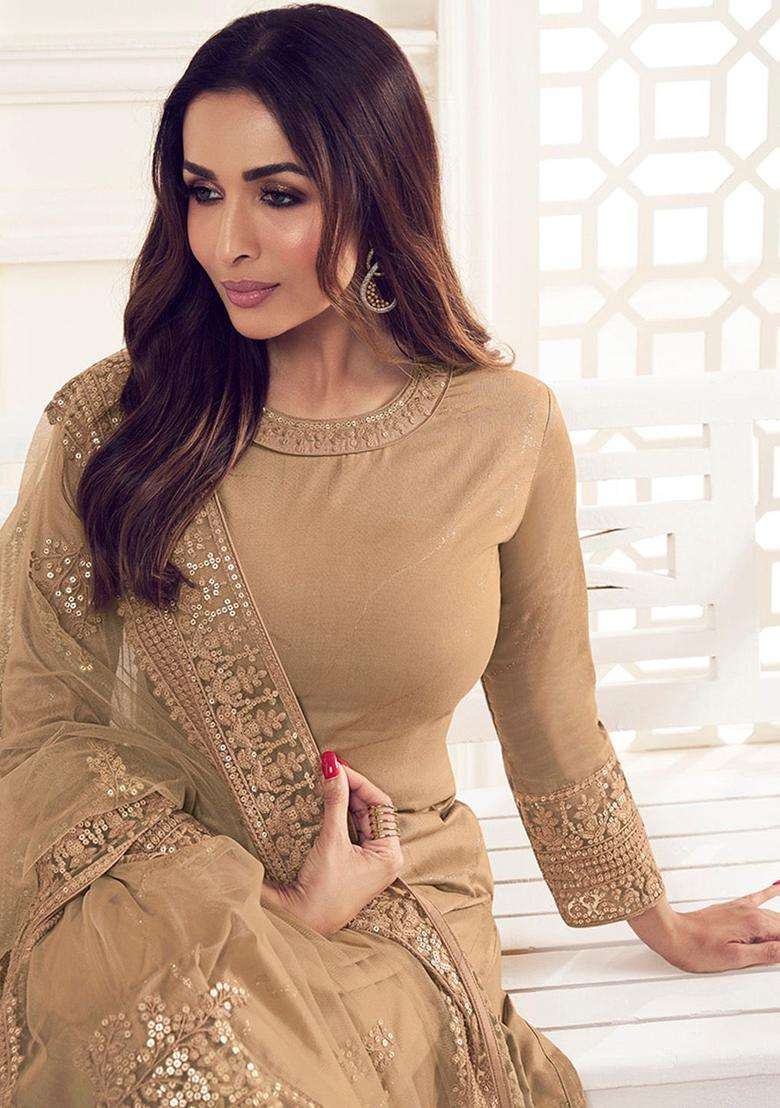 Beige Embroidered Silk Kurta Set - Indya