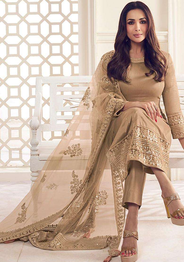 Beige Embroidered Silk Kurta Set - Indya