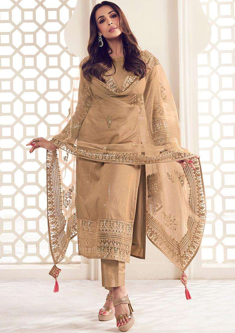 Beige Embroidered Silk Kurta Set - Indya