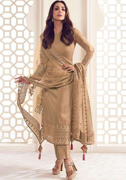 Beige Embroidered Silk Kurta Set