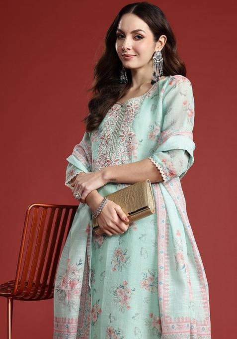 Sea Green Printed Linen Kurta Set — view on Indya