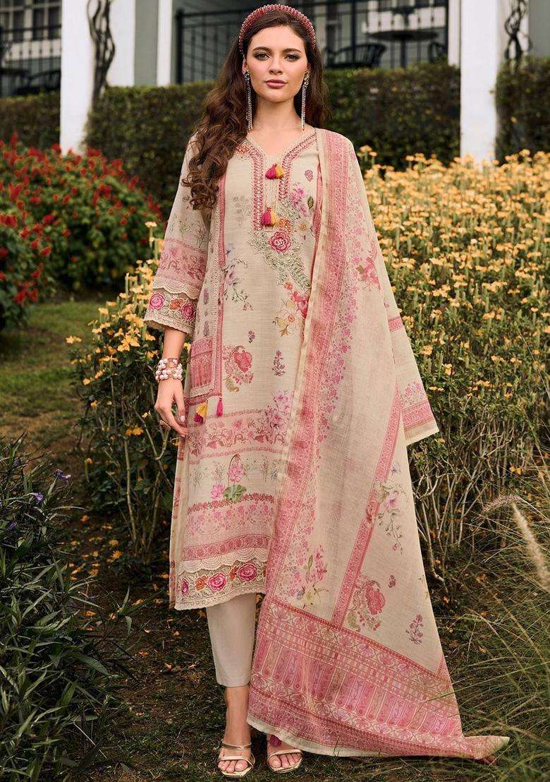 Off White Printed Linen Kurta Set - Indya