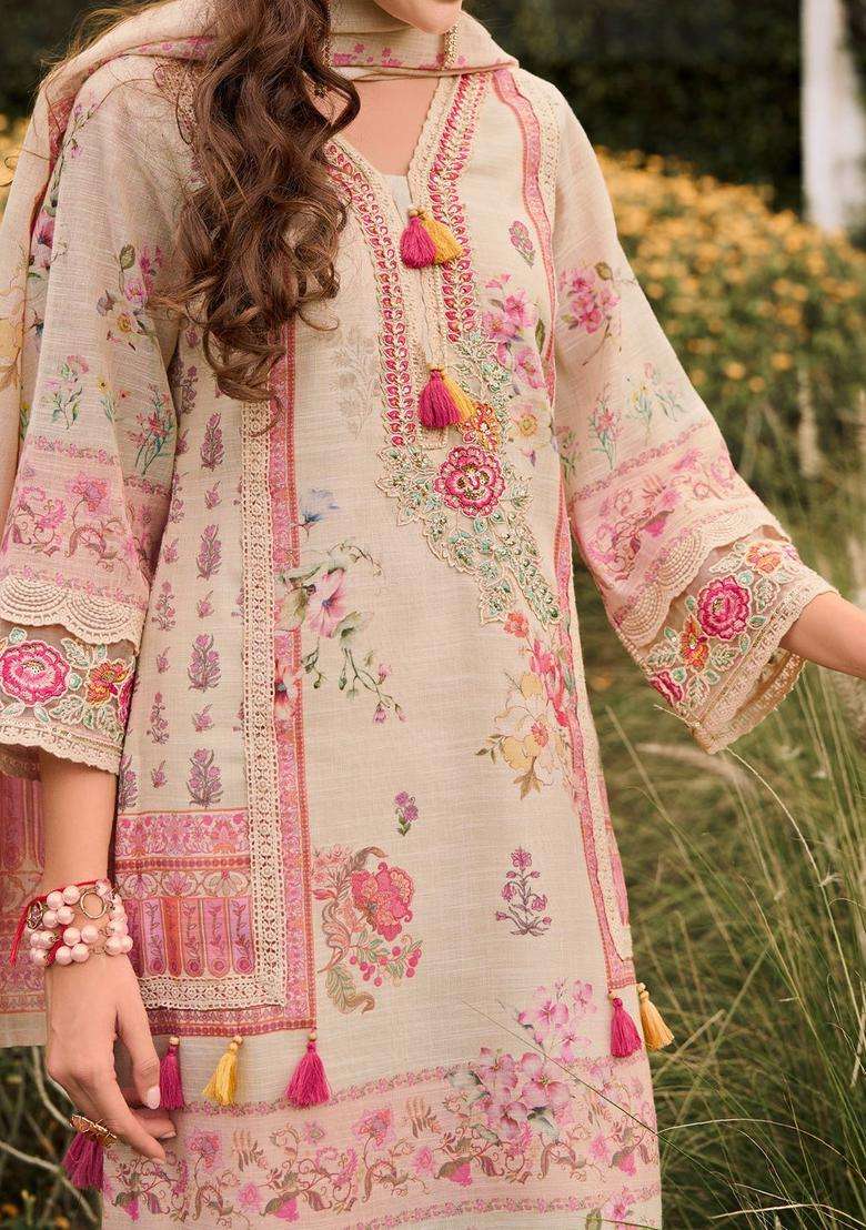Off White Printed Linen Kurta Set - Indya