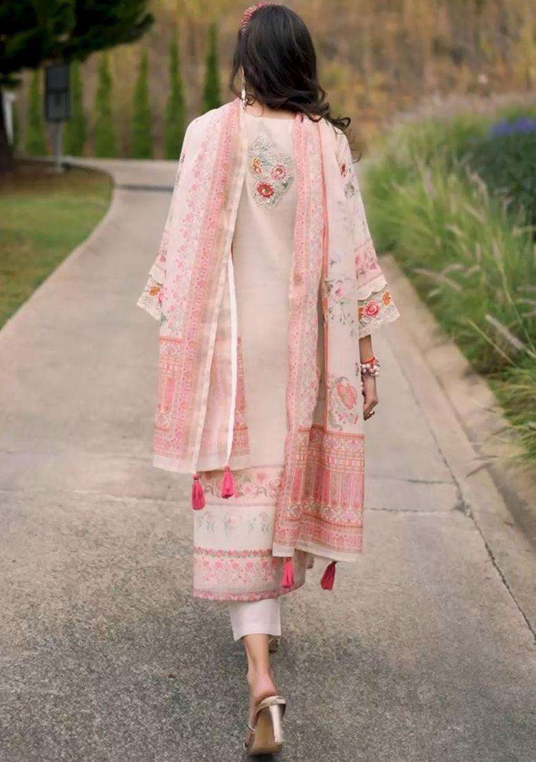 Off White Printed Linen Kurta Set - Indya