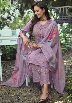 Lavender Embroidered Cotton Kurta Set