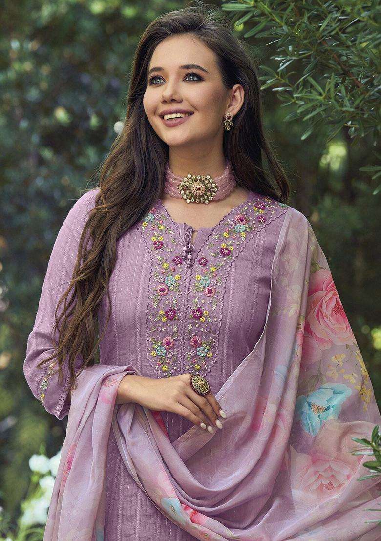 Lavender Embroidered Cotton Kurta Set - Indya