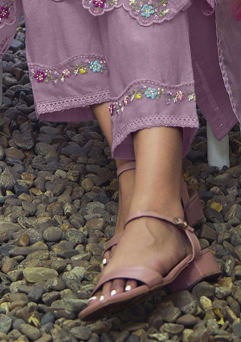 Lavender Embroidered Cotton Kurta Set - Indya