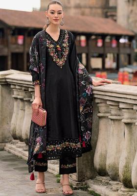 Black Yoke Design Silk Kurta Set