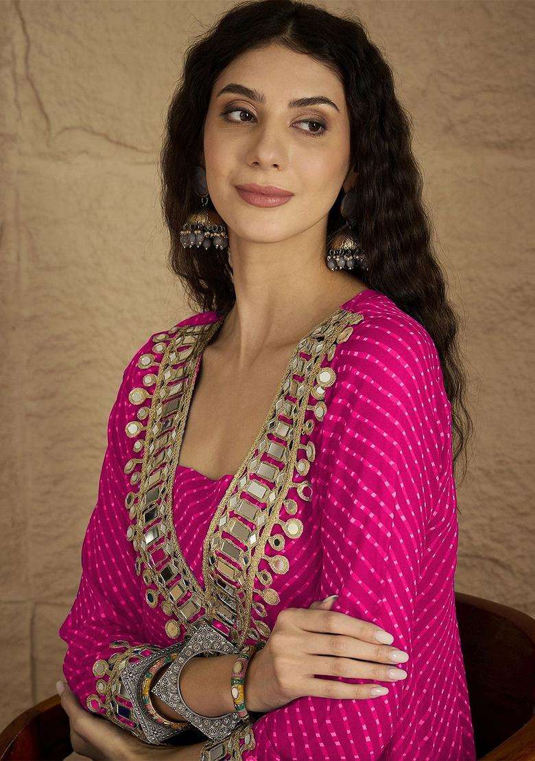 Pink Printed Georgette Kurta Set - Indya