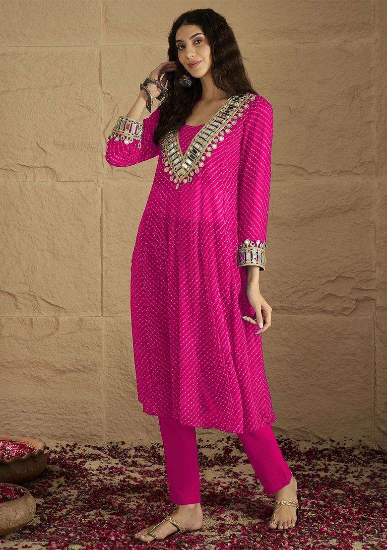Pink Printed Georgette Kurta Set - Indya