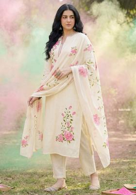 Off White Embroidered Viscose Kurta Set