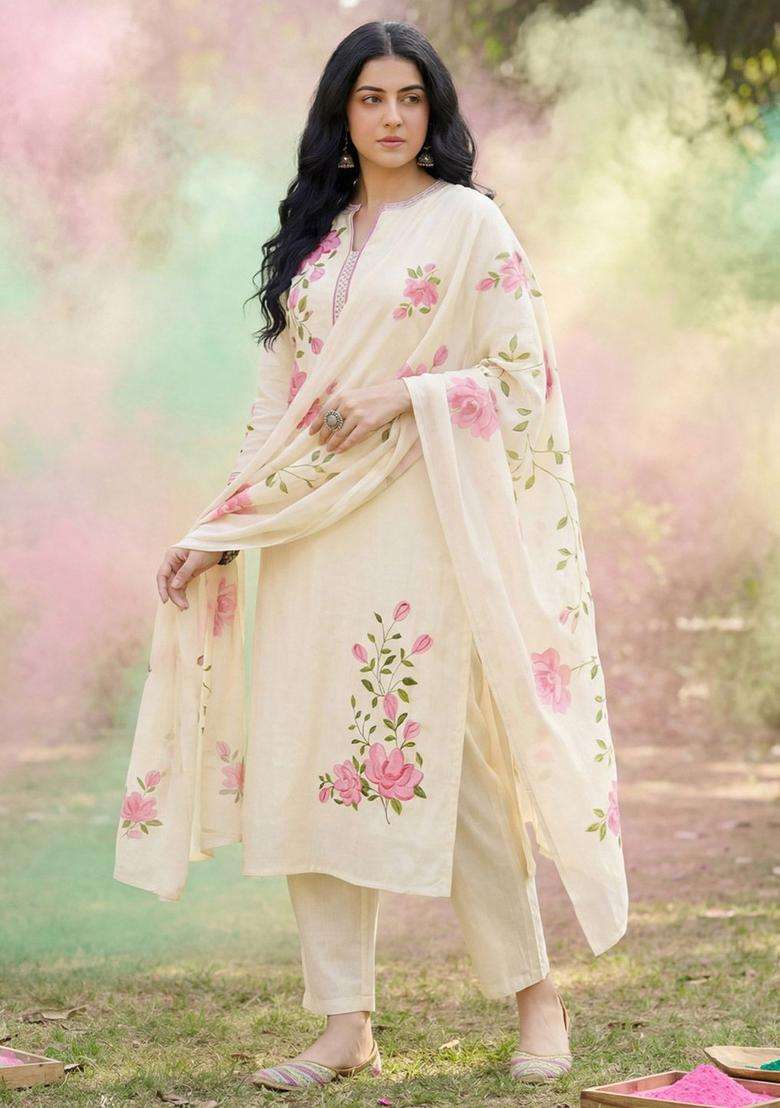 Off White Embroidered Viscose Kurta Set - Indya