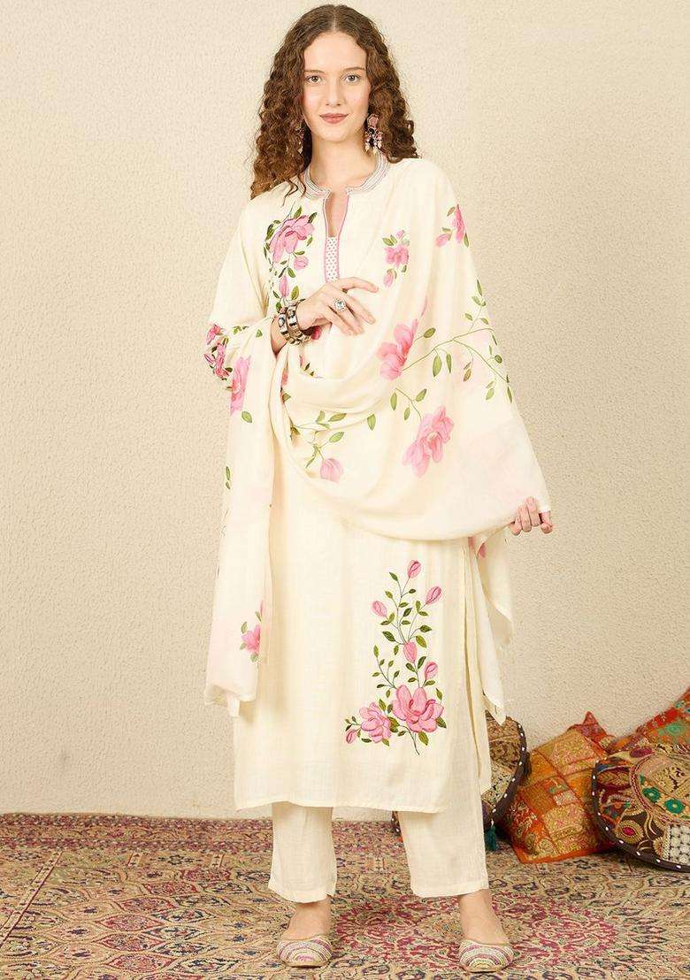 Off White Embroidered Viscose Kurta Set - Indya