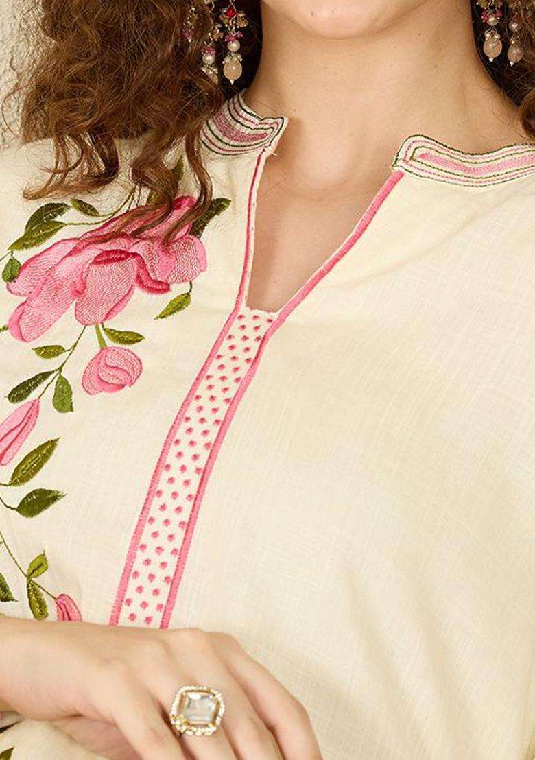 Off White Embroidered Viscose Kurta Set - Indya