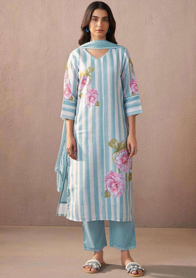Blue Printed Linen Kurta Set - Indya