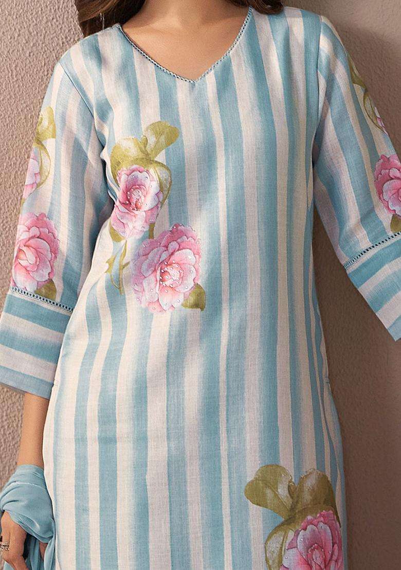 Blue Printed Linen Kurta Set - Indya